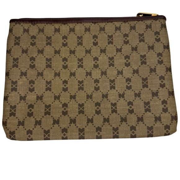 Nina Ricci Beige Brown Monogram Clutch Makeup Travel Bag Set of 2 Zipper Closure - Picture 11 of 13